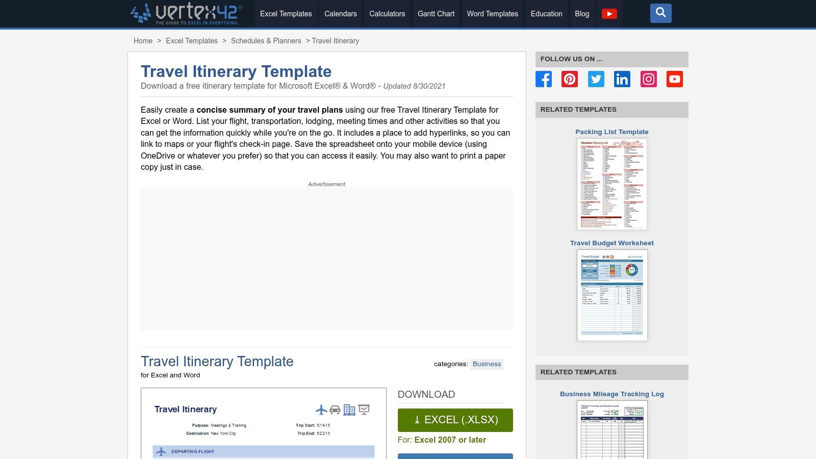 Vertex42 – Travel Itinerary template (Excel/Word)