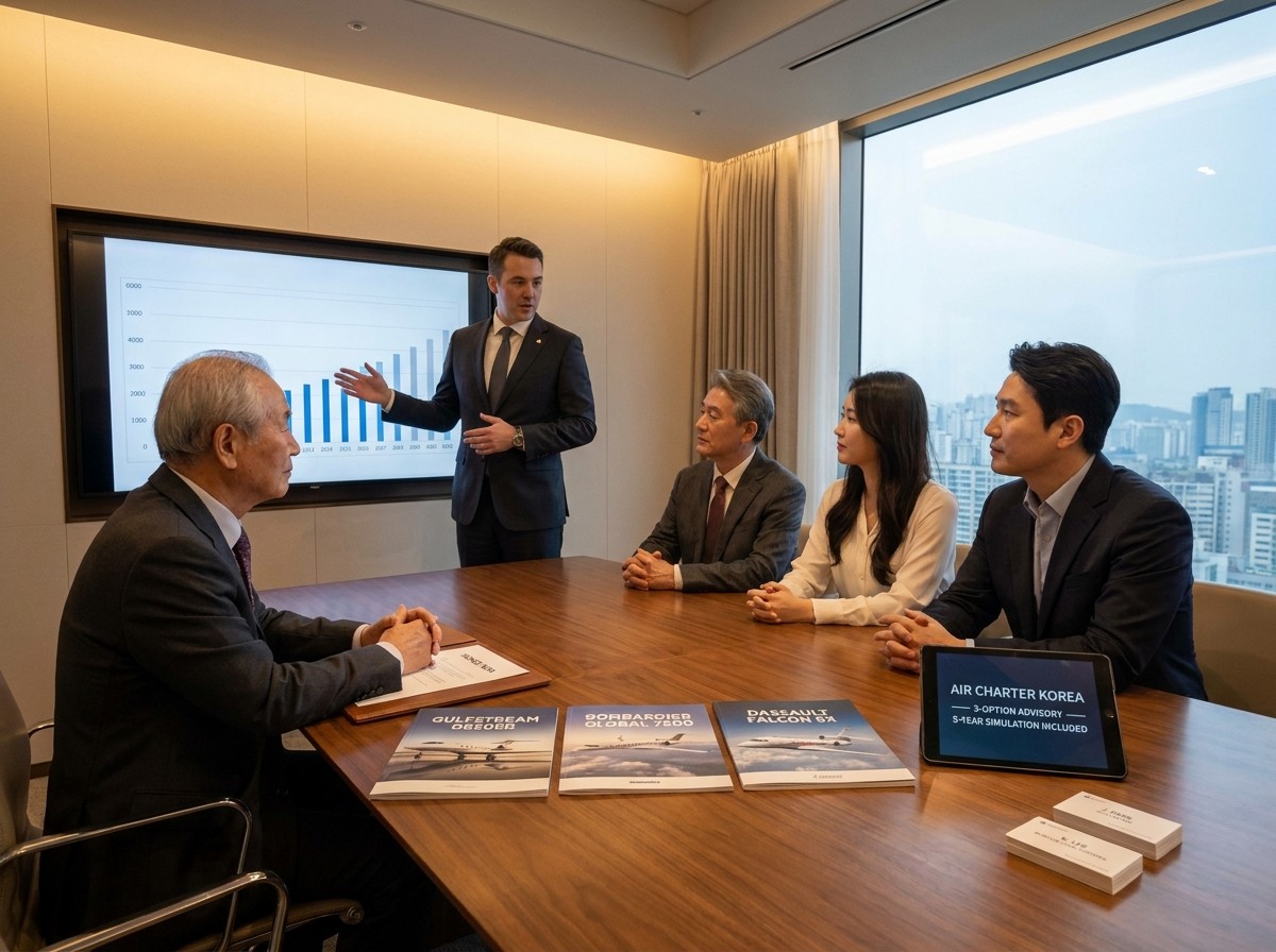 ACK three-option advisory — Korean carrier business jet, charter broker, personal ownership, 5-year simulation
