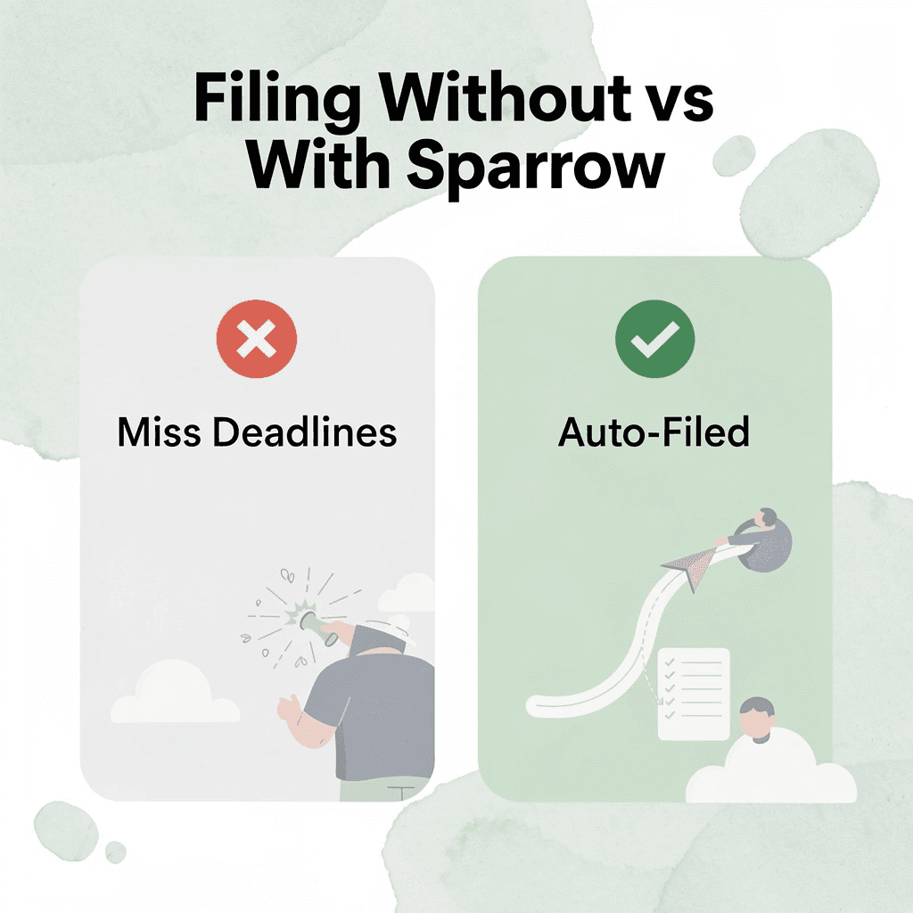 Before and after comparison showing missed deadlines versus automated filing with Sparrow