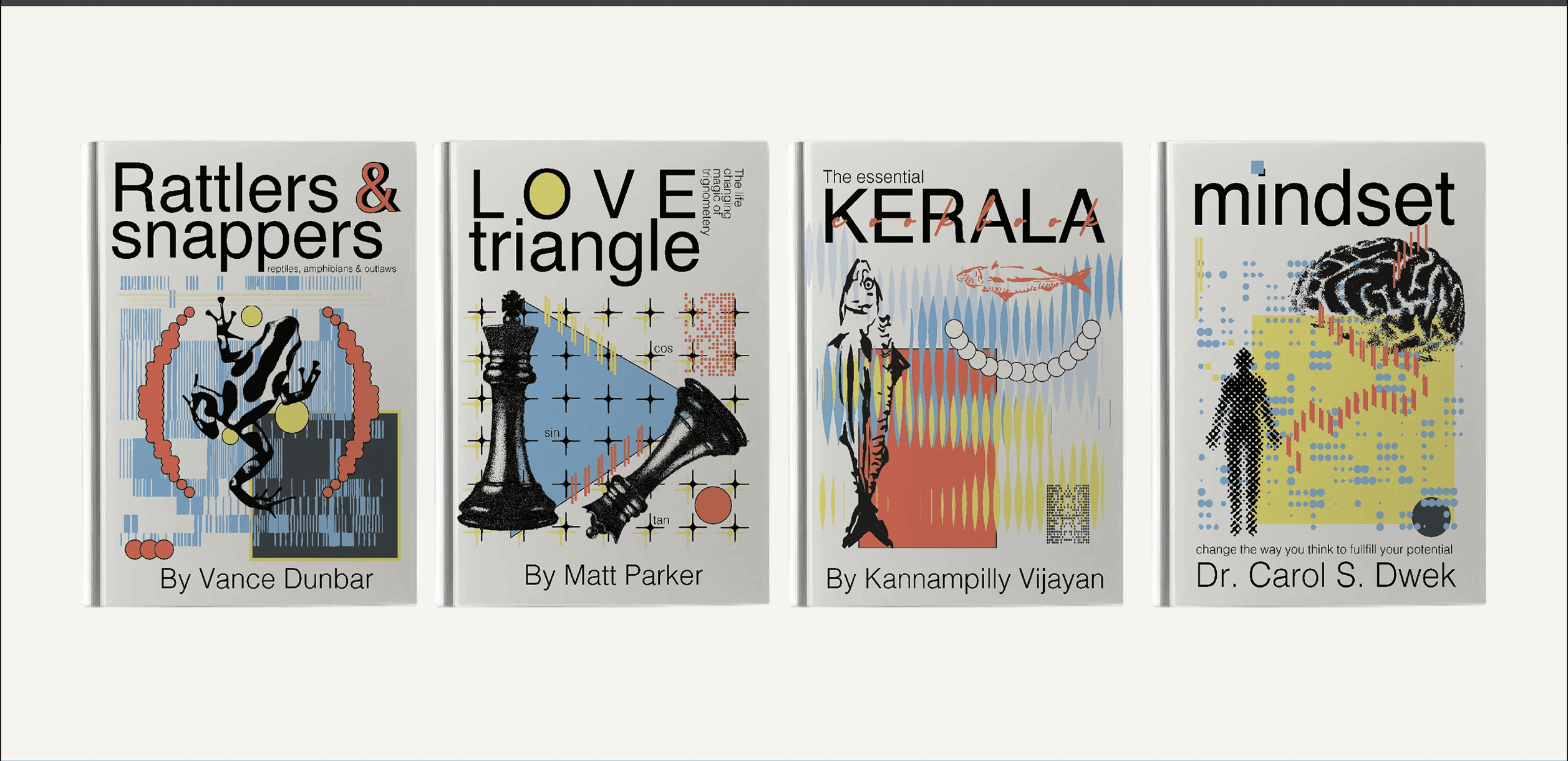 Series of neo-modernist editorial book covers featuring bold typography, geometric shapes and conceptual collage illustrations.
