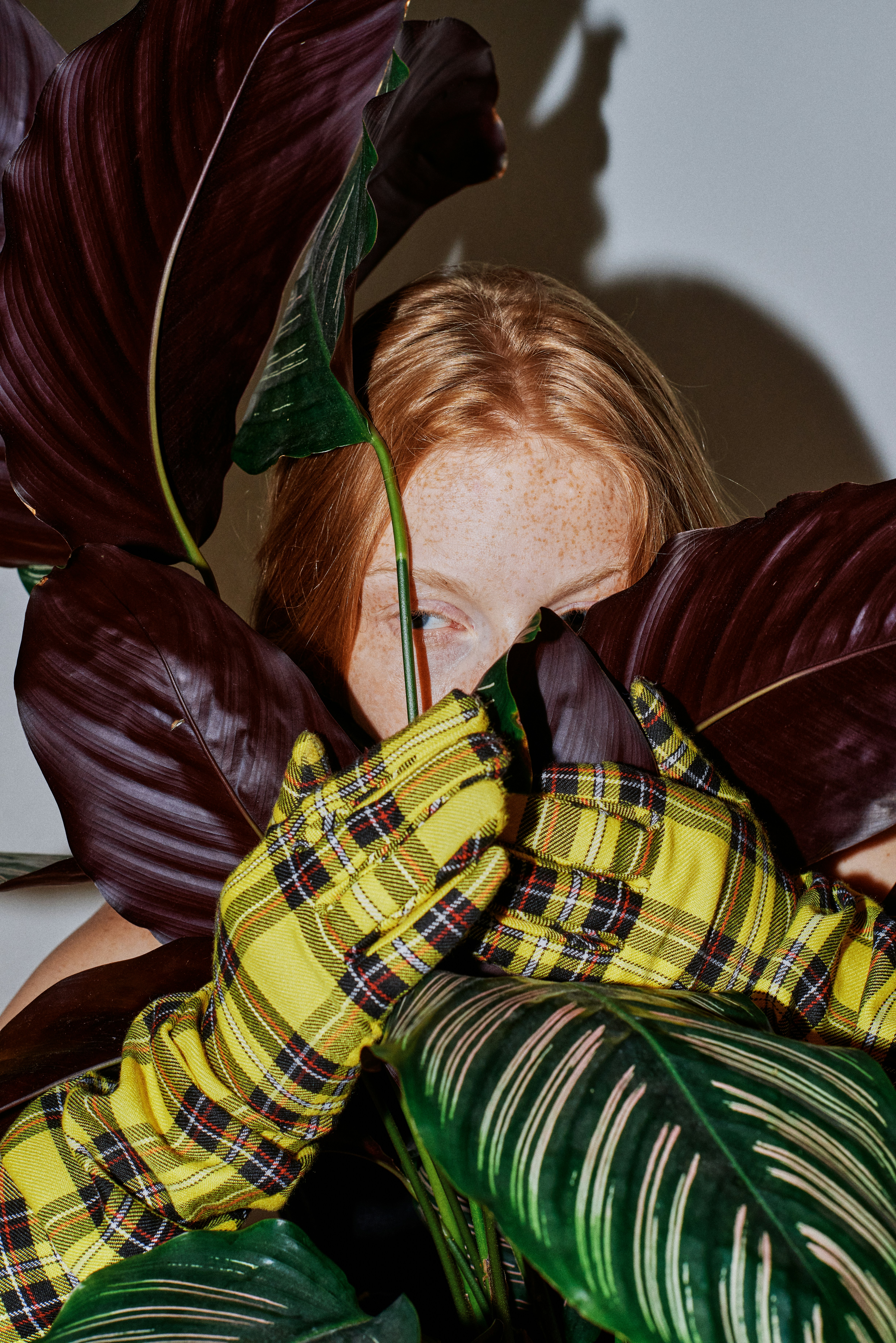 woman hiding behind a large dark purple leaf
