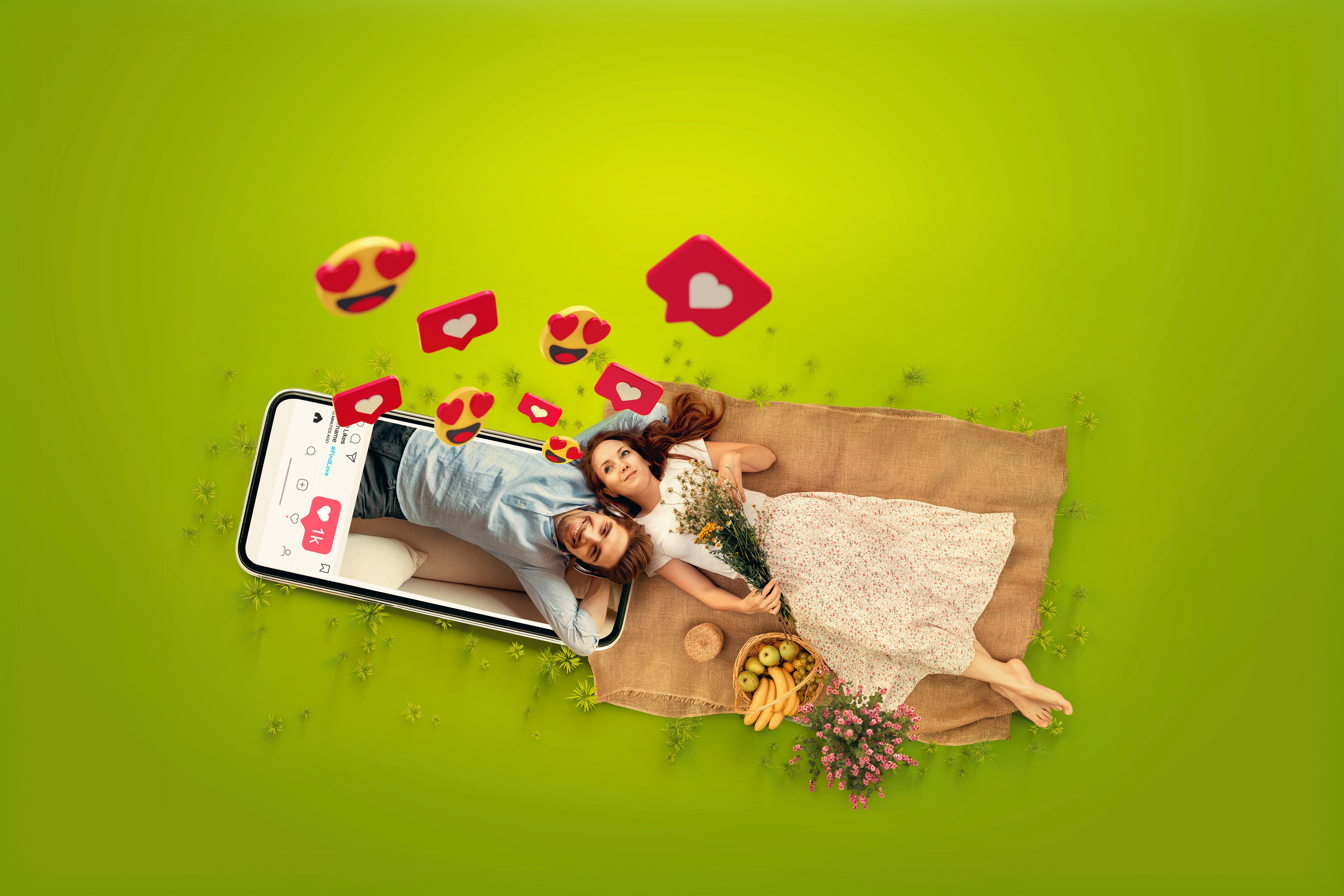 Couple lying on a picnic blanket emerging from a smartphone, representing viral Valentine’s Day TikTok content driving emotional engagement and product discovery.