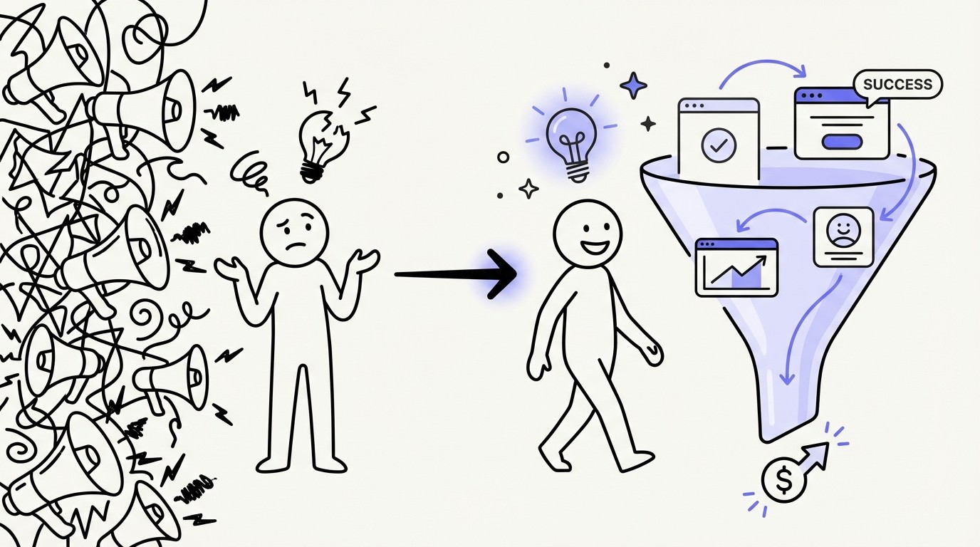 A diagram comparing a chaotic wall of noise representing traditional marketing to a clean, smooth funnel that builds trust.