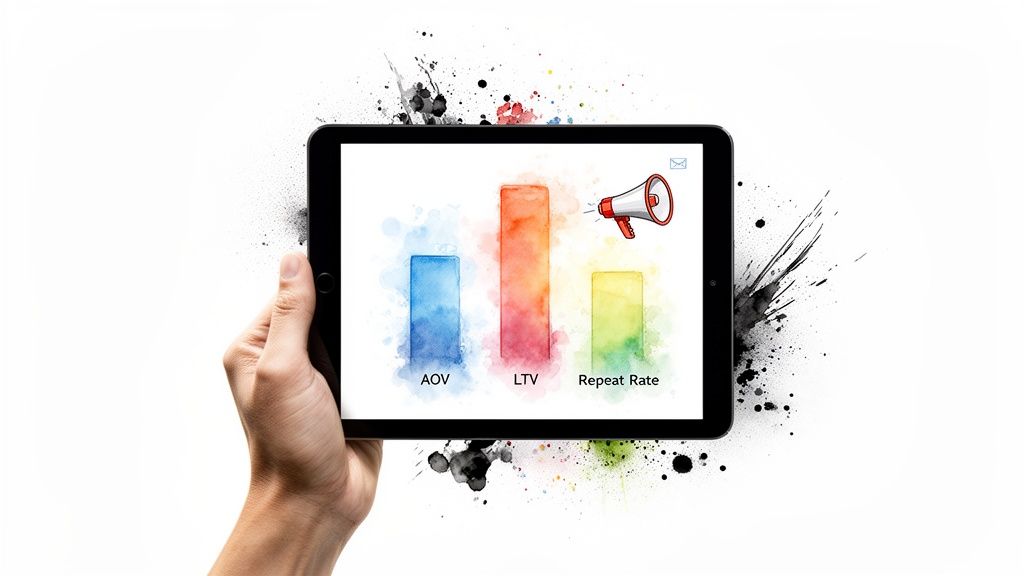 Hand holding tablet displaying a watercolor bar chart for AOV, LTV, and Repeat Rate metrics.