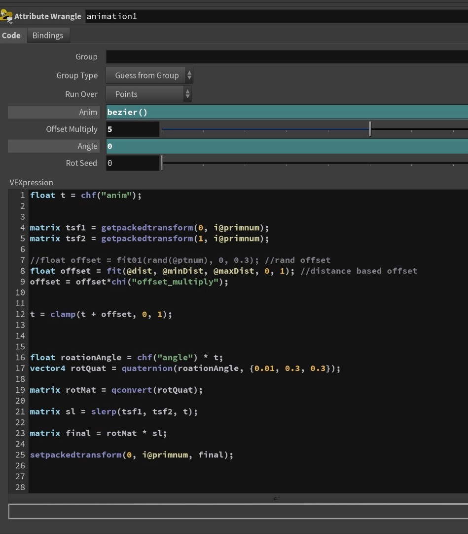 Screenshot of a Houdini Attribute Wrangle node showing custom VEX code for a procedural build-up animation, with parameters for animation timing, offset, angle, and rotation used to drive the assembly of a 3D robotic model.