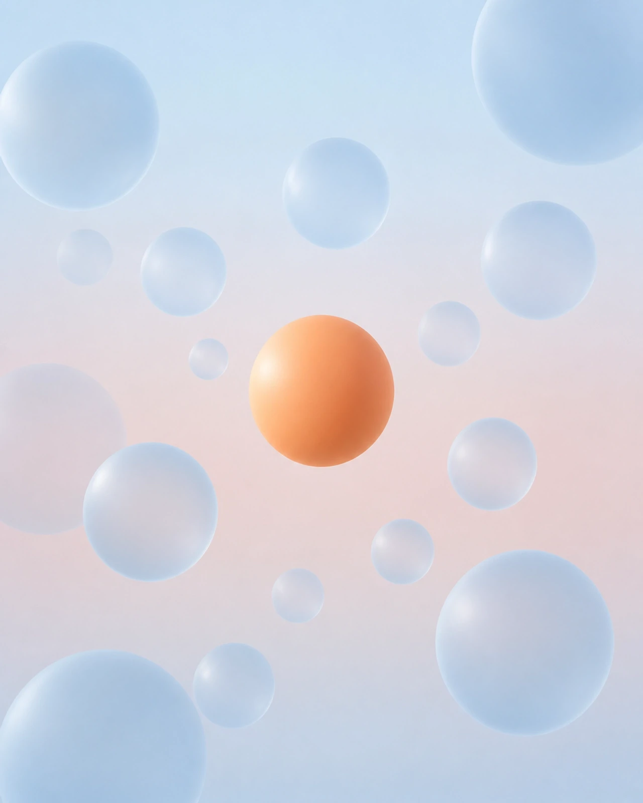 Minimalist digital illustration of soft, pale blue translucent spheres floating in a void with a single solid orange sphere at the center.