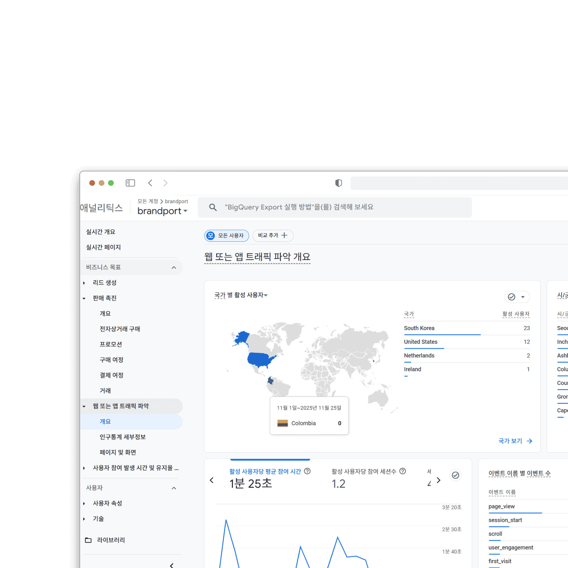 Google Analytics 4 (GA4) dashboard displaying website traffic data and visitor demographics