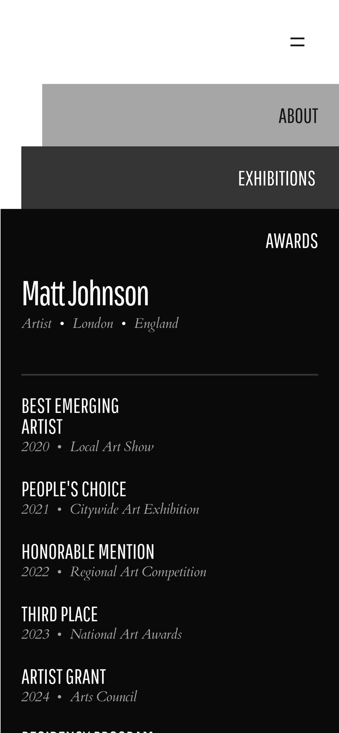 Awards screen listing artist achievements and grants