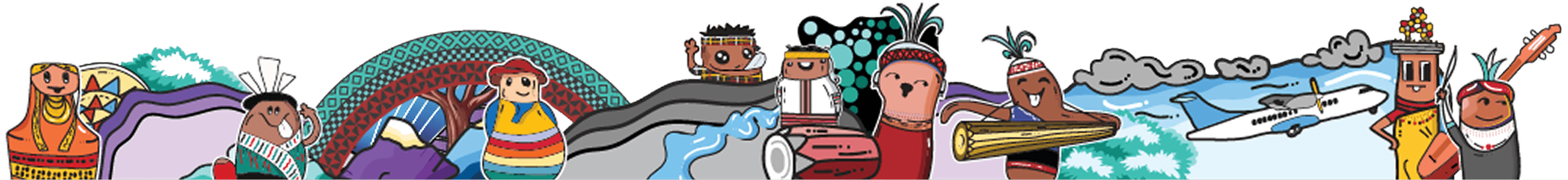 A long line of various cartoon characters. Includes a dragon, clown, monster, and other figures.