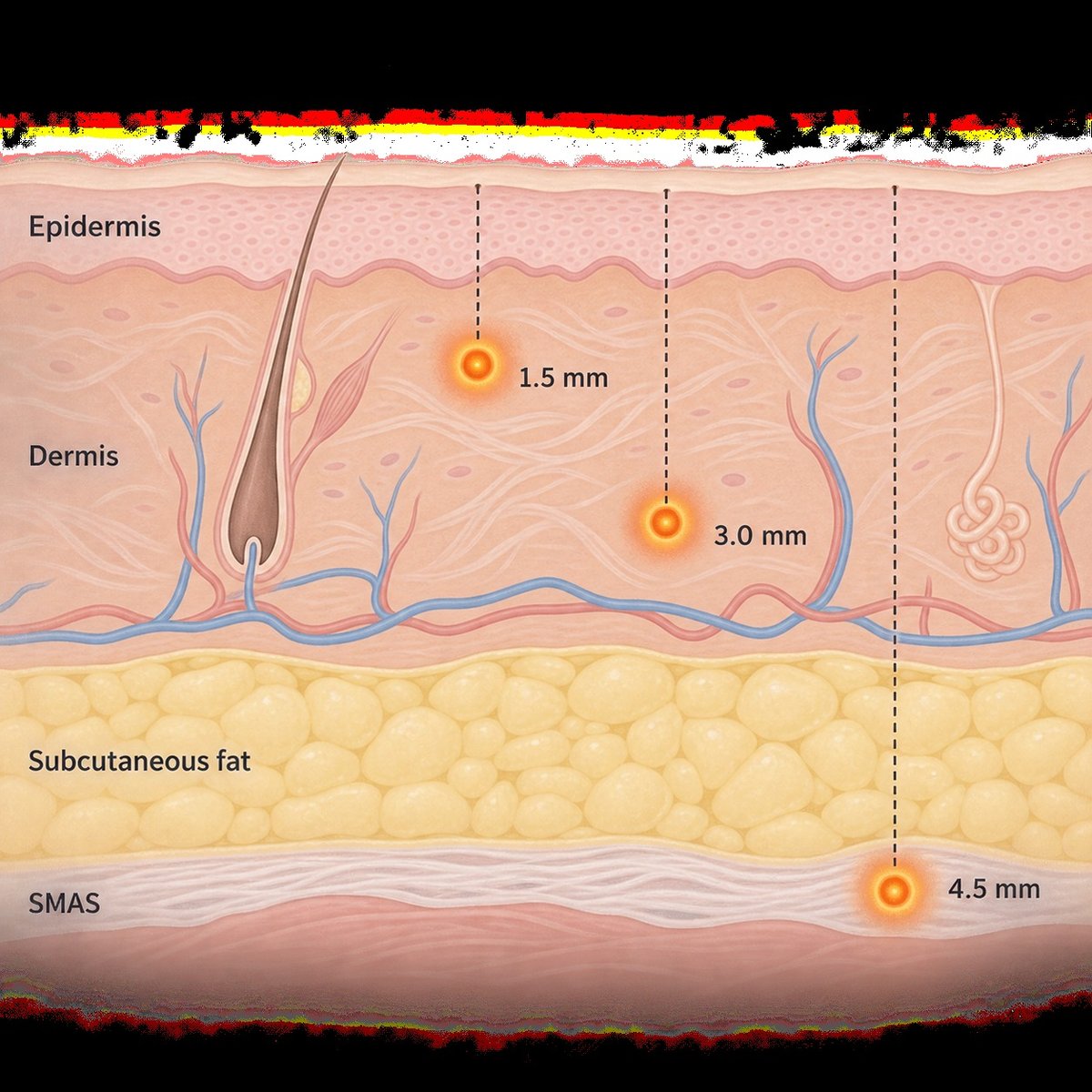 Focused ultrasound coagulation points placed at three different skin depths