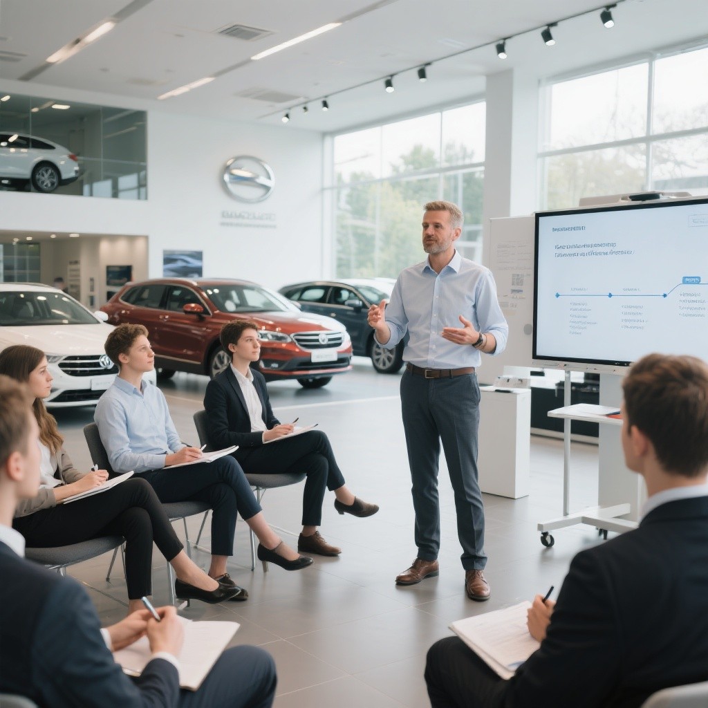 Responsable d’une concession automobile debout face à son équipe dans un showroom lumineux donne des directives assurées
