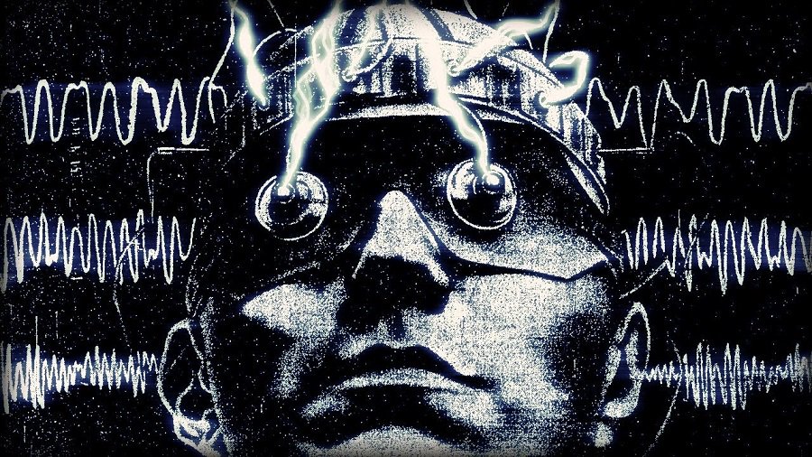 Dark illustration of a human figure wearing a mind control helmet with electrodes and brain wave signals, representing CIA MK Ultra experiments