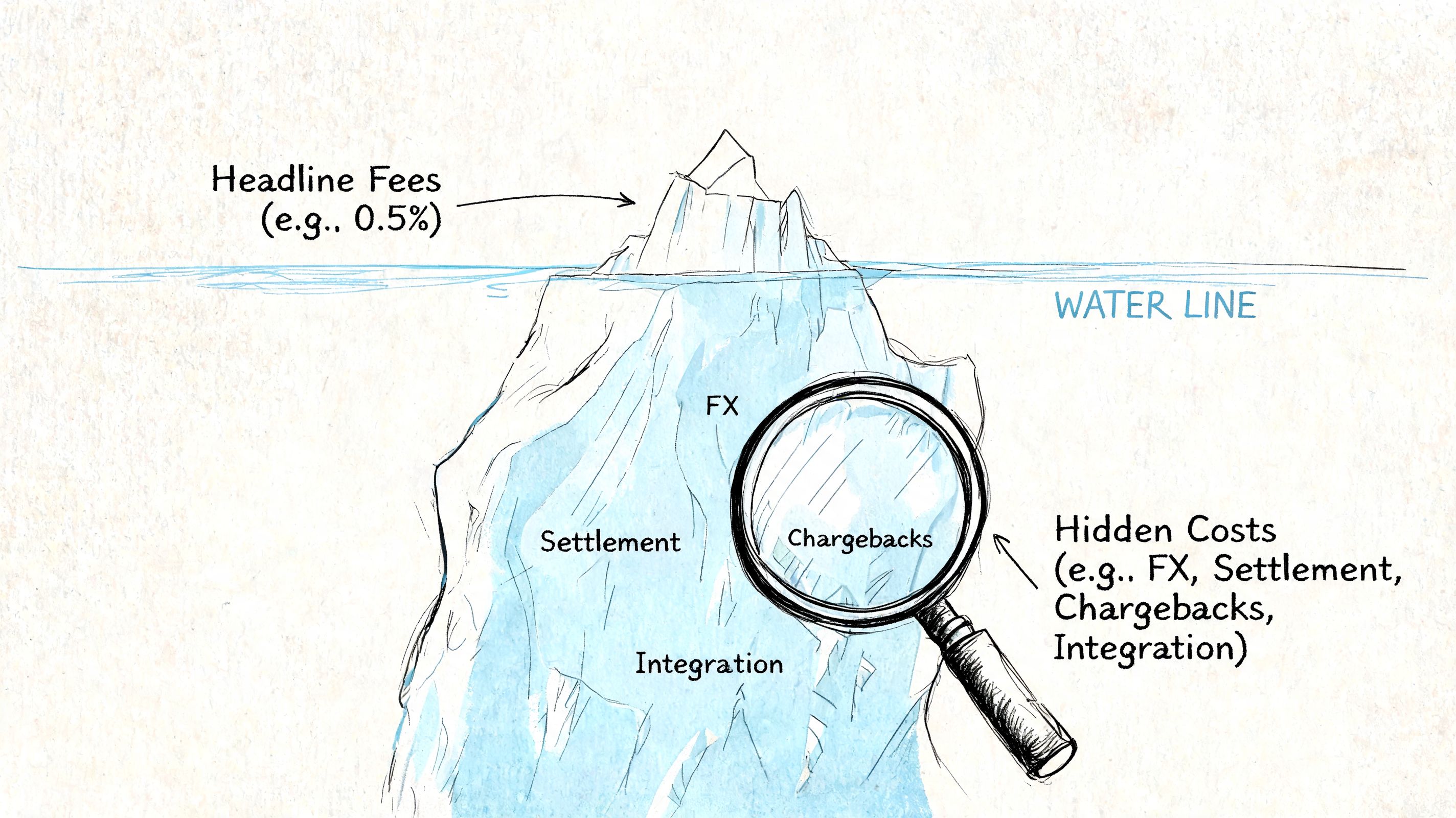 An iceberg illustration representing hidden payment costs beneath a headline fee of 0.5 percent.