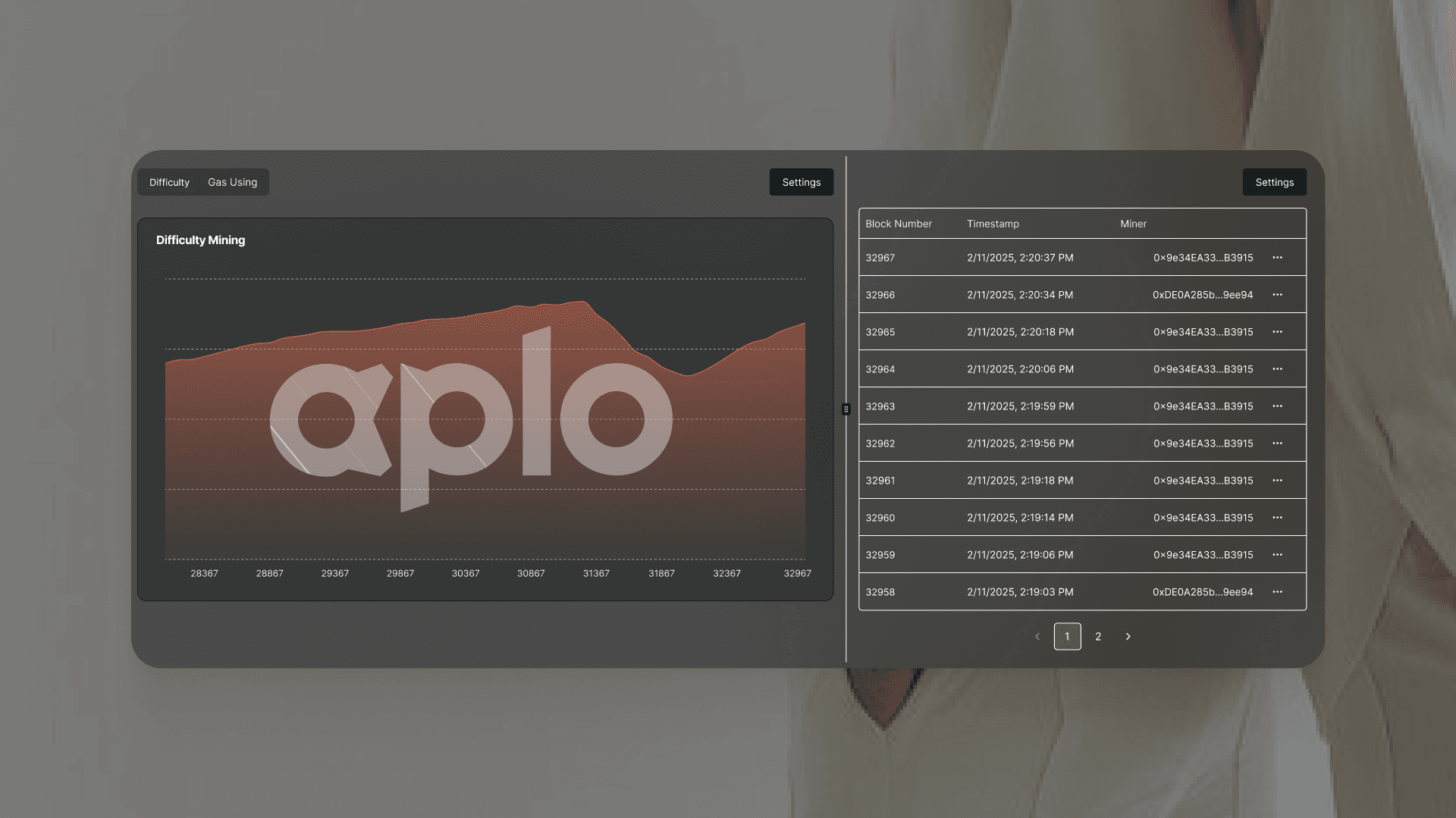 Blockchain explorer view inside Aplocoin with smart‑contract details, wallet activity and transaction history.
