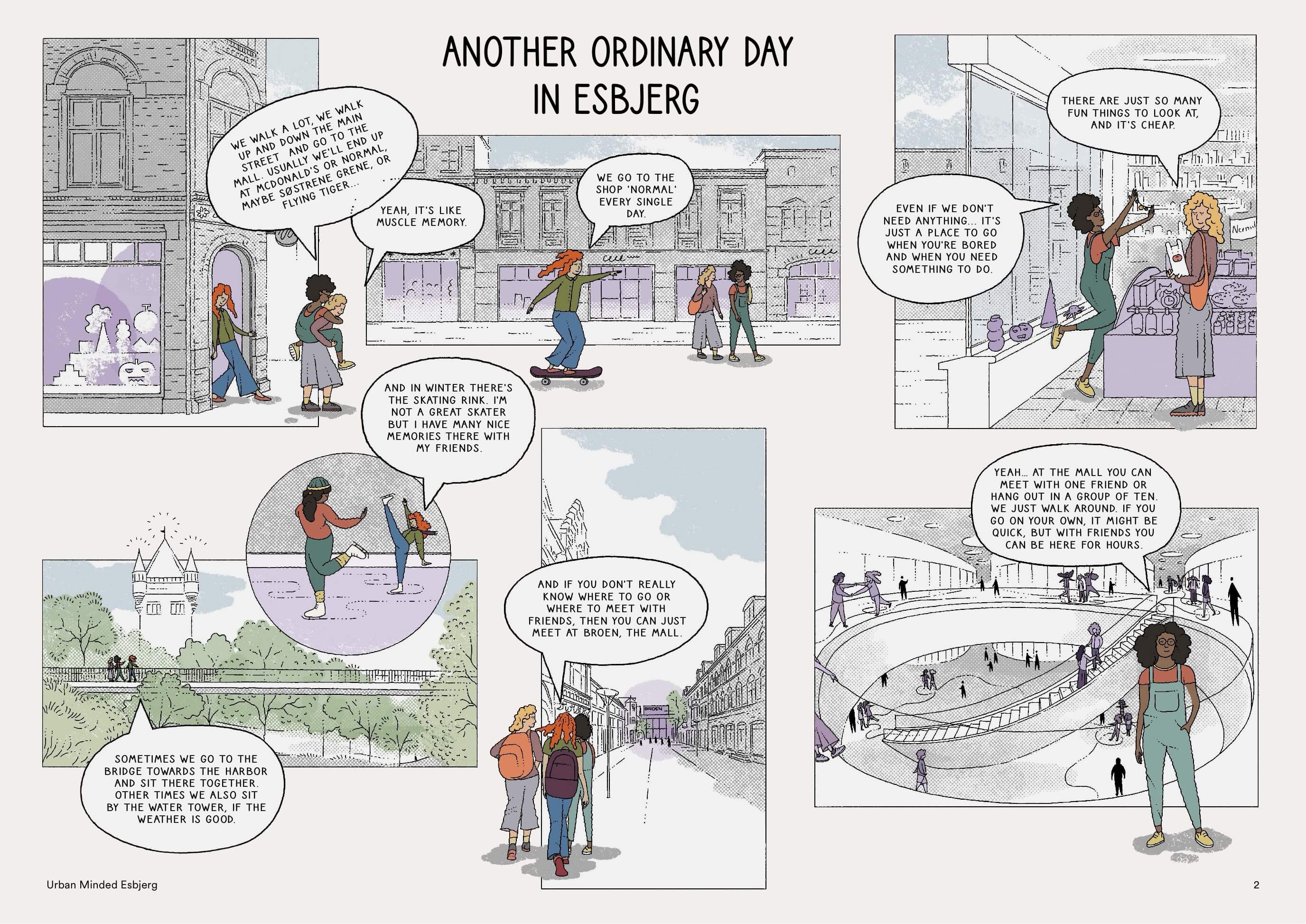 Four-panel cartoon featuring characters discussing various topics in a snowy landscape. Dialogue bubbles express humorous interactions.