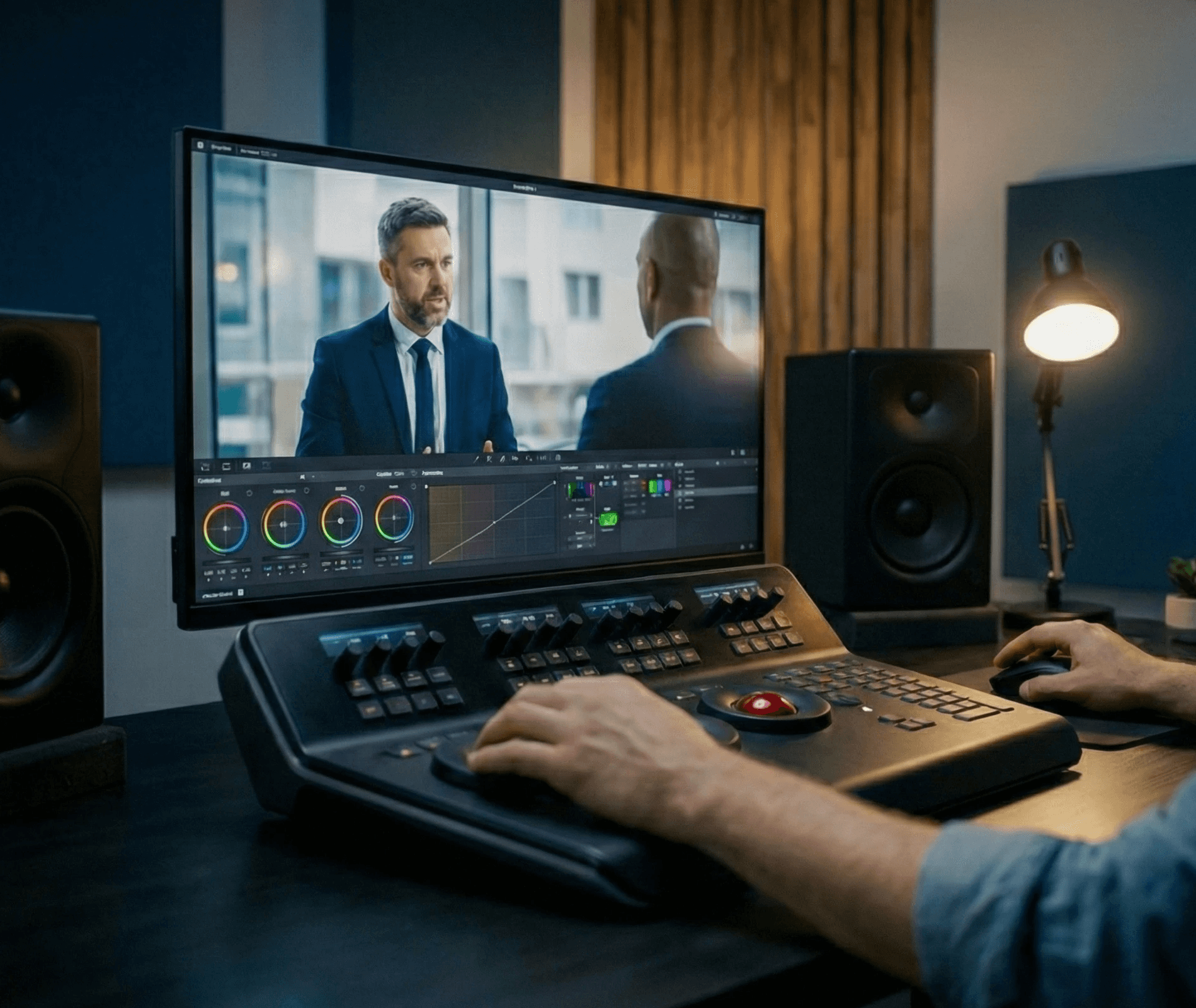 A woman in a teal dress sits in a dimly lit room, focused on her smartphone. A laptop and notepad are on the glass table, suggesting a working environment.