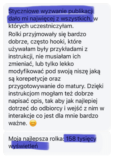 Biznes na Insta – opinia o wyzwaniu publikacji rolek, które pomogło uczestniczce określić niszę, uporządkować komunikację i osiągnąć największe dotąd zasięgi – mimo wcześniejszego udziału w różnych kursach i szkoleniach.