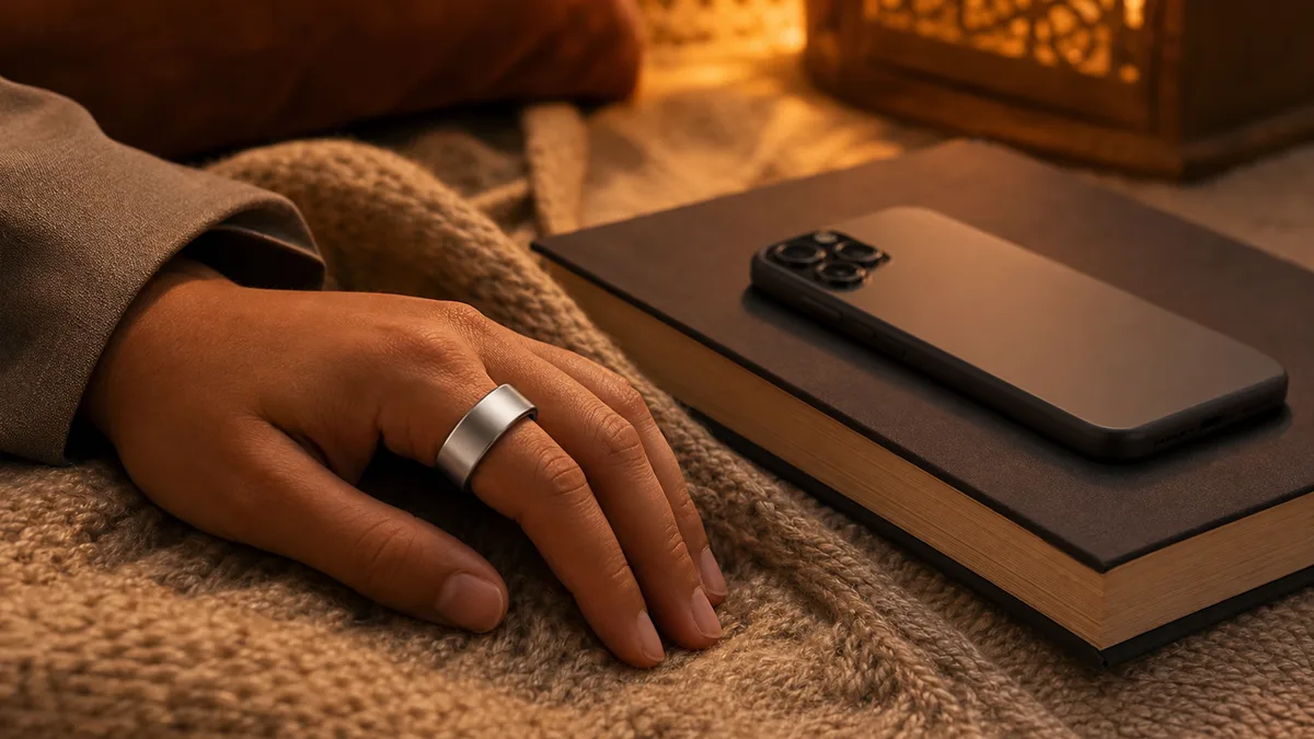 Hand wearing silver smart tasbih ring rests near a face-down phone on a closed book