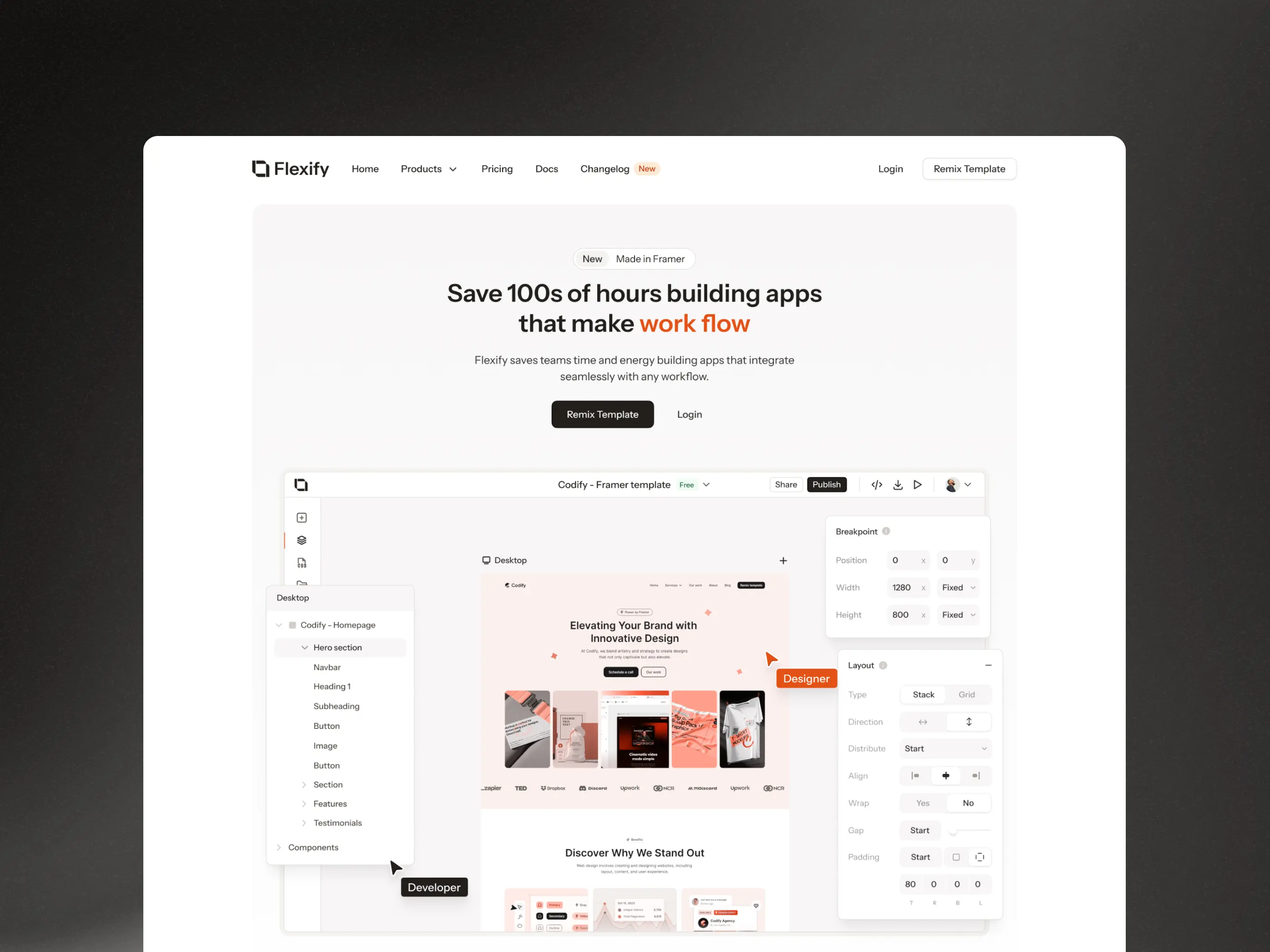 Flexify Framer template homepage for workflow-focused app builders with UI layout tools and component-based design system
