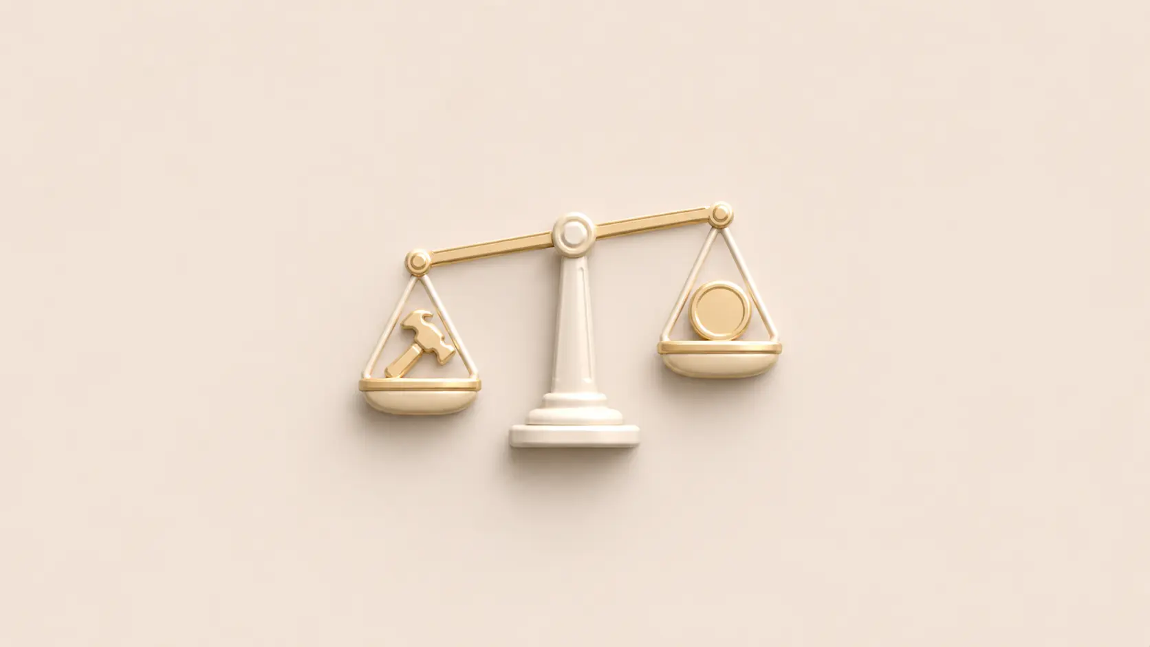 Neumorphic balance scale on cream canvas representing the decision framework for building a DeFi vault versus using Lucidly
