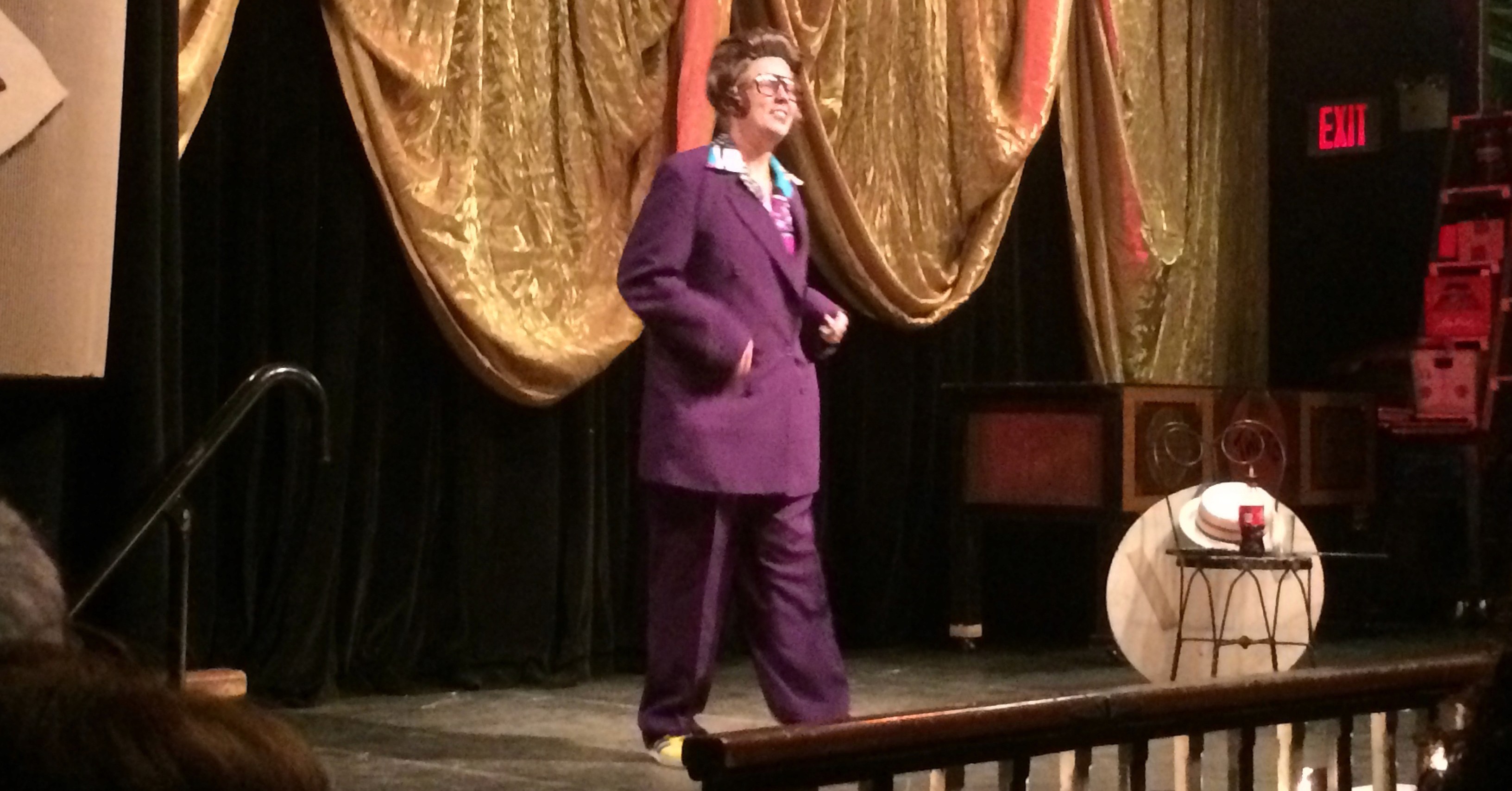 a person with purple top and bottom
