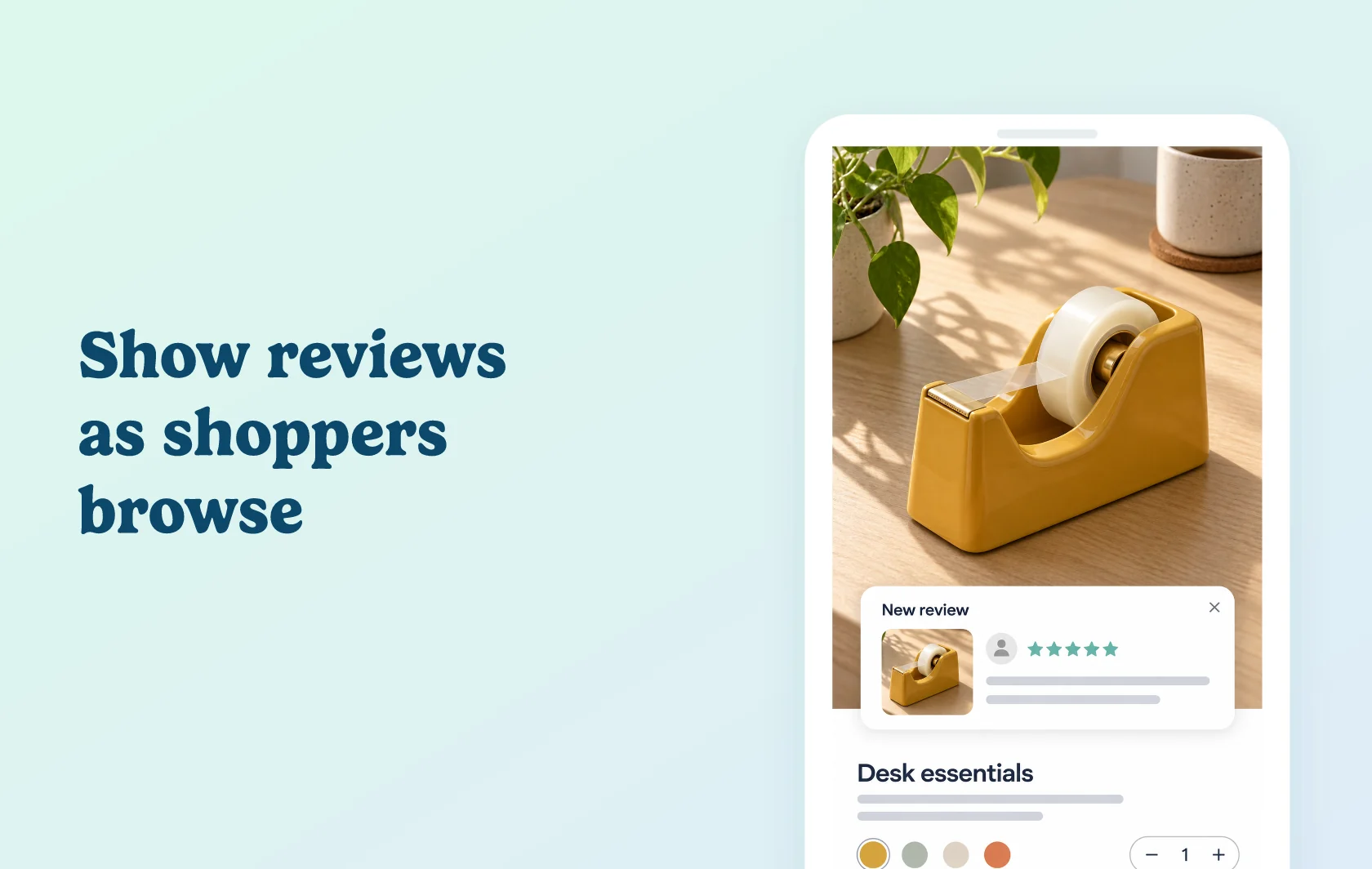 Judge.me and Fomo integration: illustration of a tape-dispenser product page with a new-review notification overlay showing stars and an anonymous customer icon.