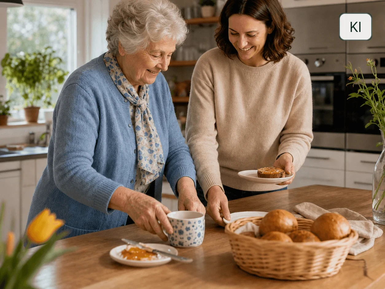 Eine ältere Frau und ihre Betreuungskraft bereiten gemeinsam Frühstück in der heimischen Küche vor.