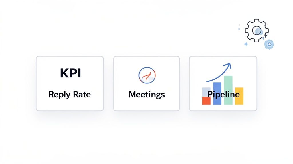 Dashboard view with cards for 'KPI Reply Rate', 'Meetings', and 'Pipeline' metrics, plus gear icons.