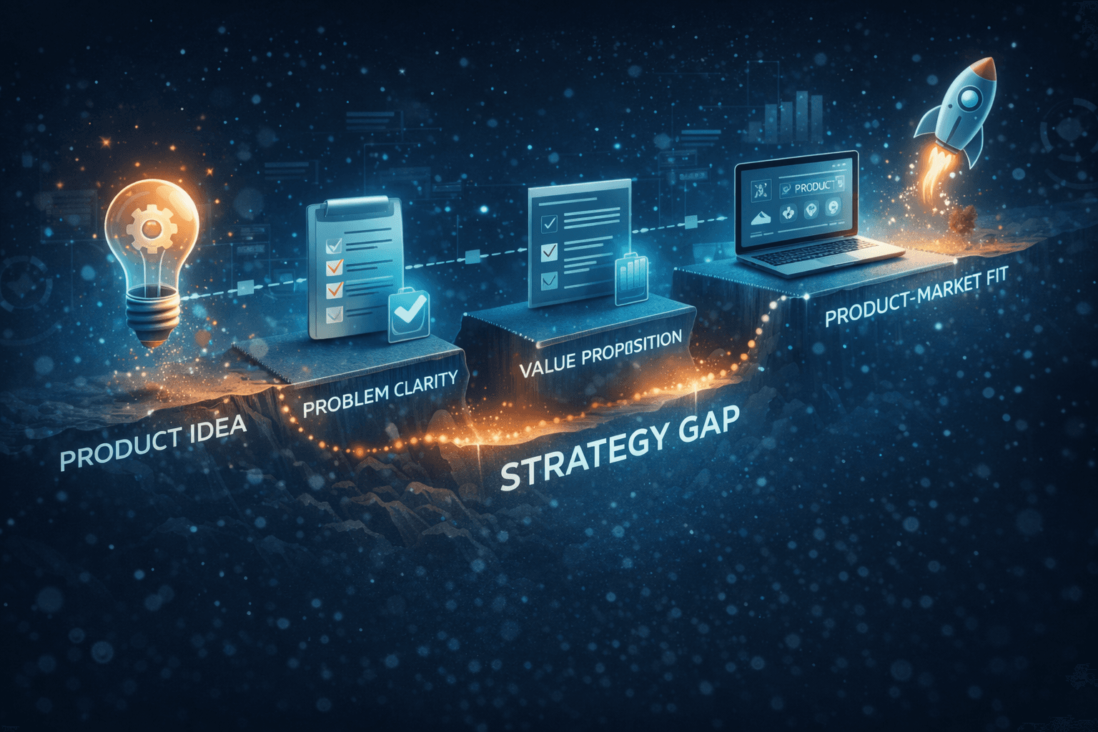 Conceptual illustration showing the journey from product idea to product-market fit with stages including problem clarity and value proposition, represented as steps leading to a rocket launch.