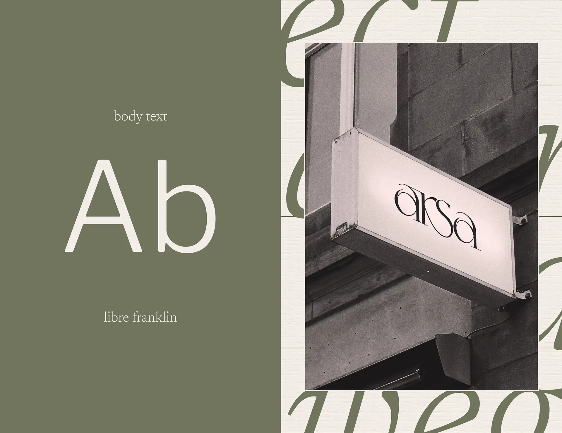 Typography system and retail signage design for Arsa premium clothing brand identity showing typeface selection and logo application