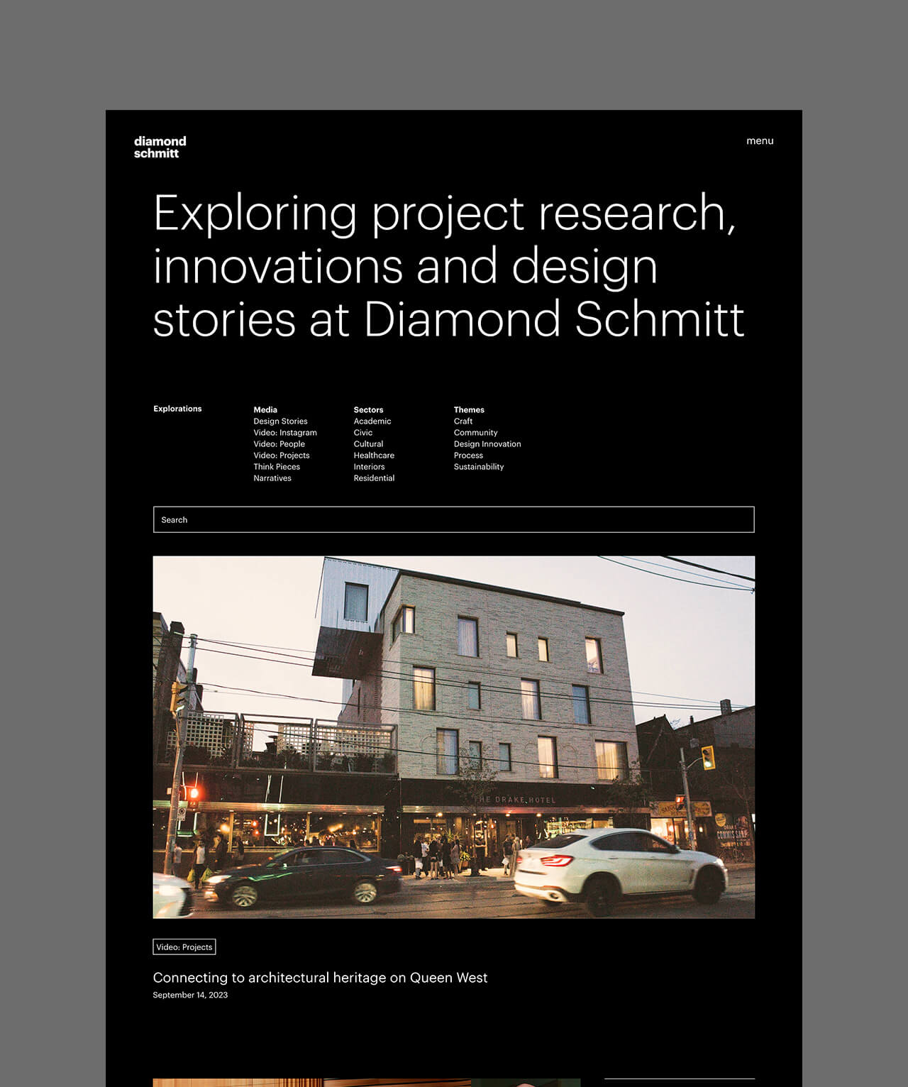 The Explorations page of the website, with introductory text that reads "Exploring project research, innovations and design stories at Diamond Schmitt"