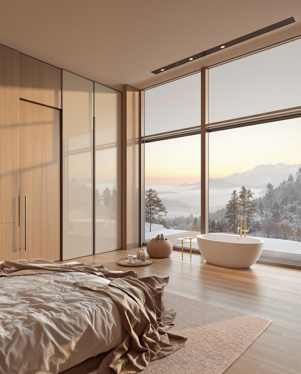 man standing in bathroom with bathtub next to body of water