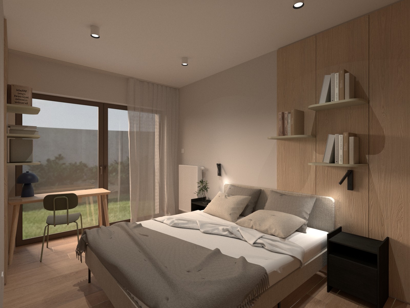 Modern architectural workspace with large floor-to-ceiling windows, surrounded by trees, and desks filled with design materials and books. Two blurred figures are walking through the space.