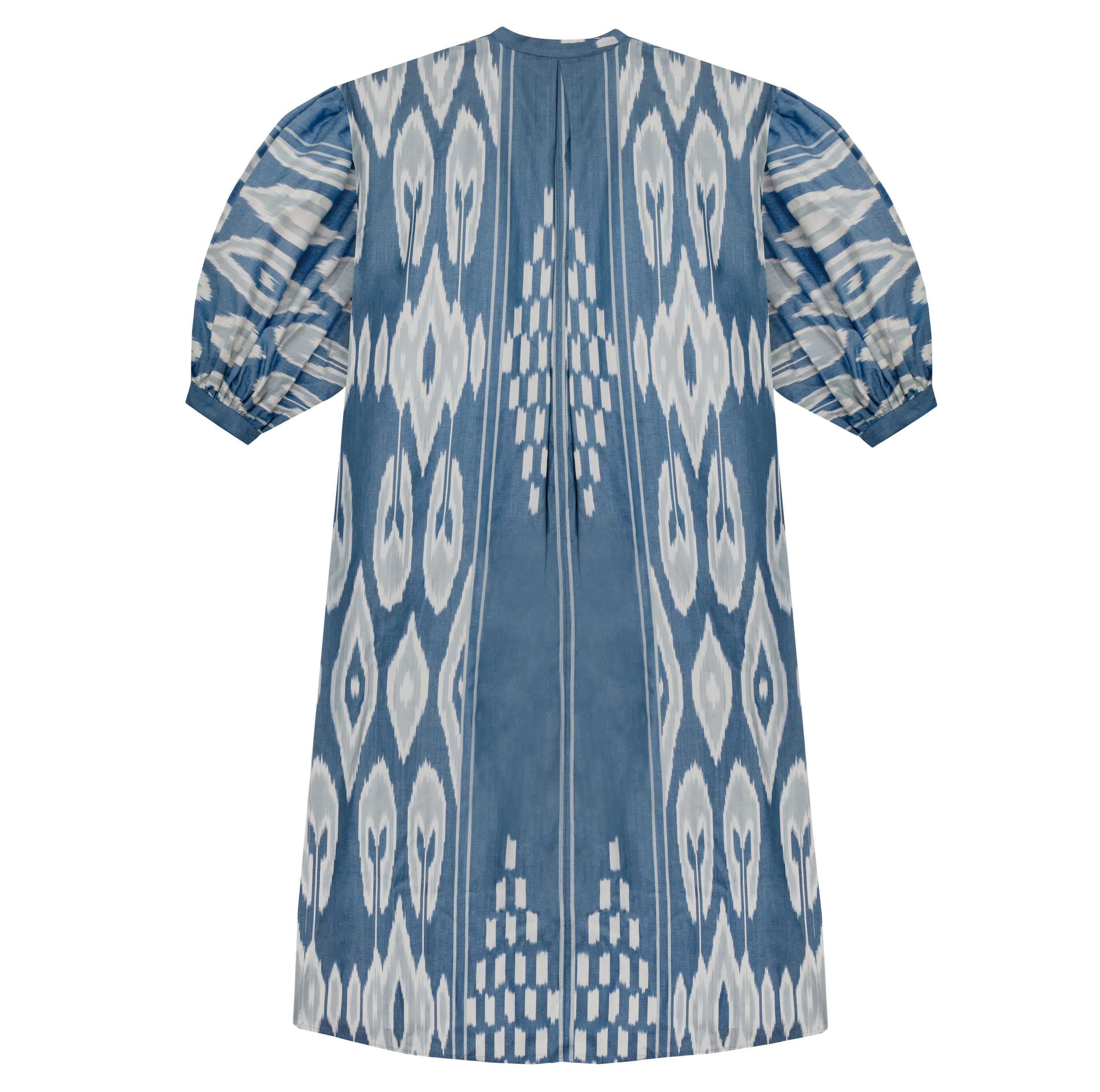 a blue patterned dress