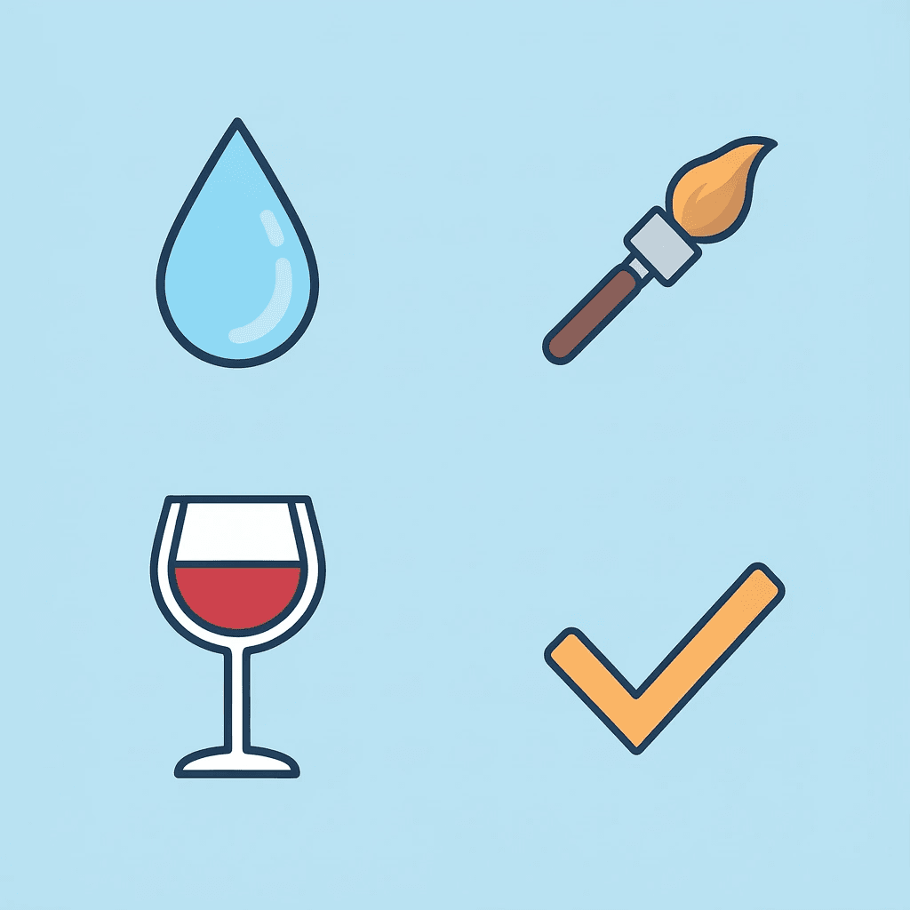 Four icons representing different stain categories: food, ink, wine, and organic stains
