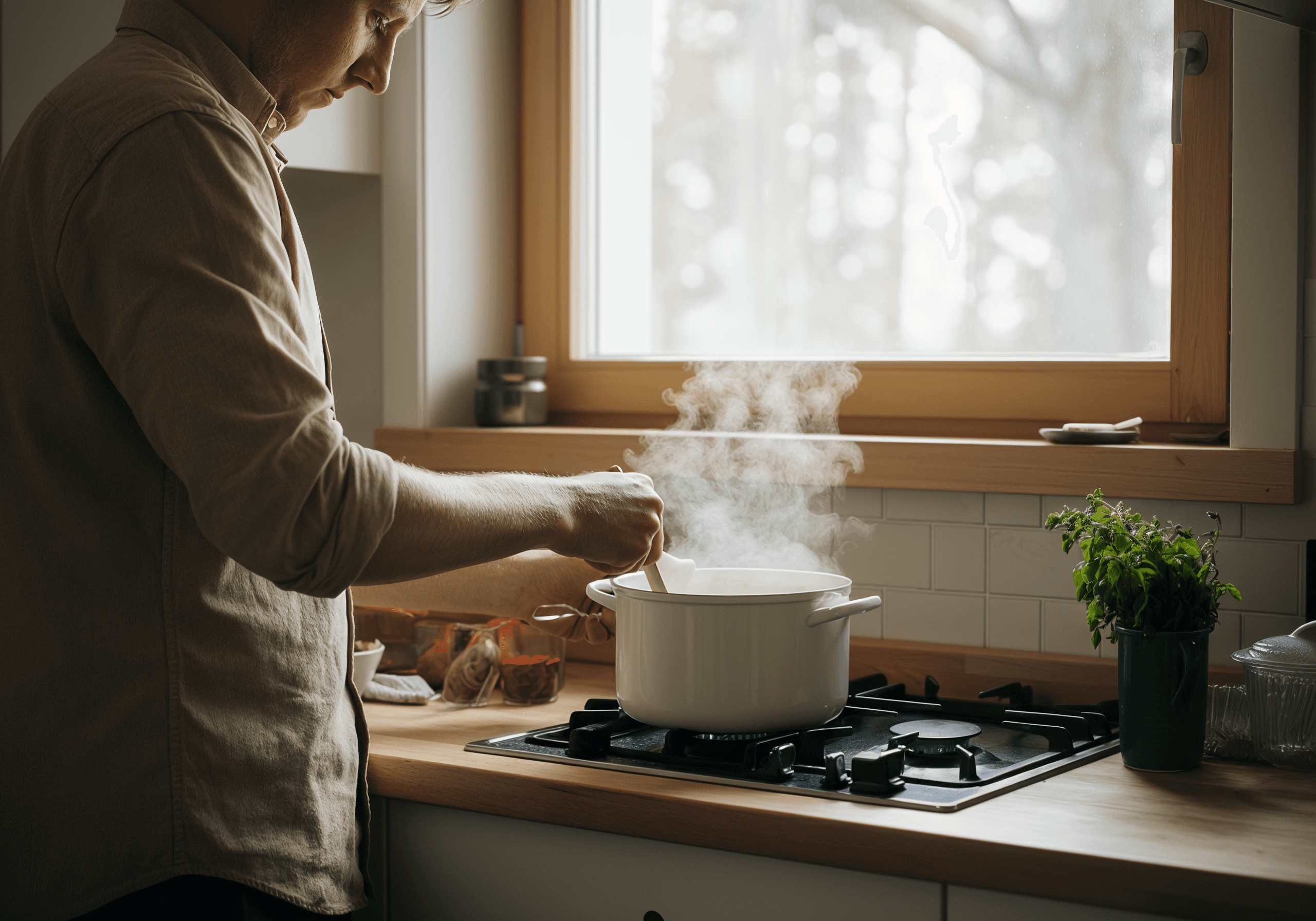 Man stirring a pot of steaming food on a gas stove in a kitchen with window in the background.