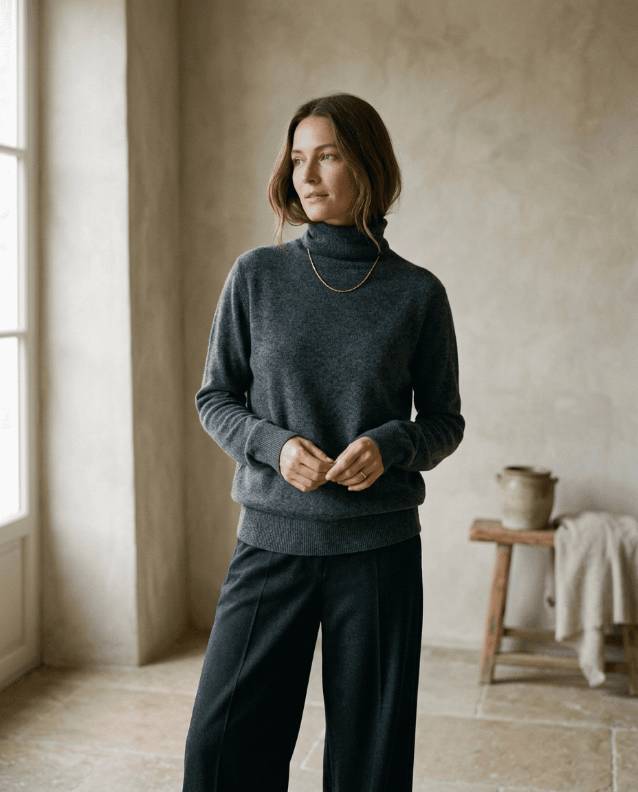 Ivory Cashmere Turtleneck — Charcoal — editorial
