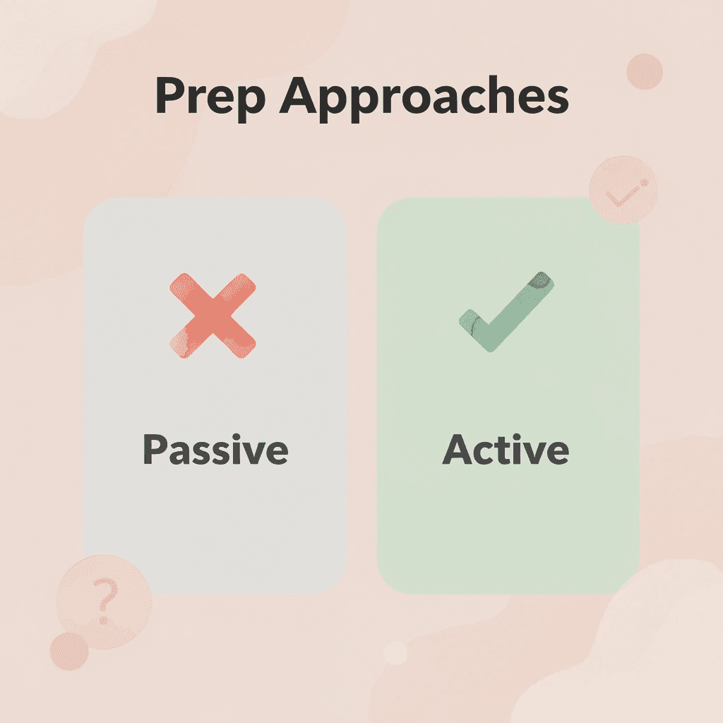  Comparison showing passive versus active prep approaches