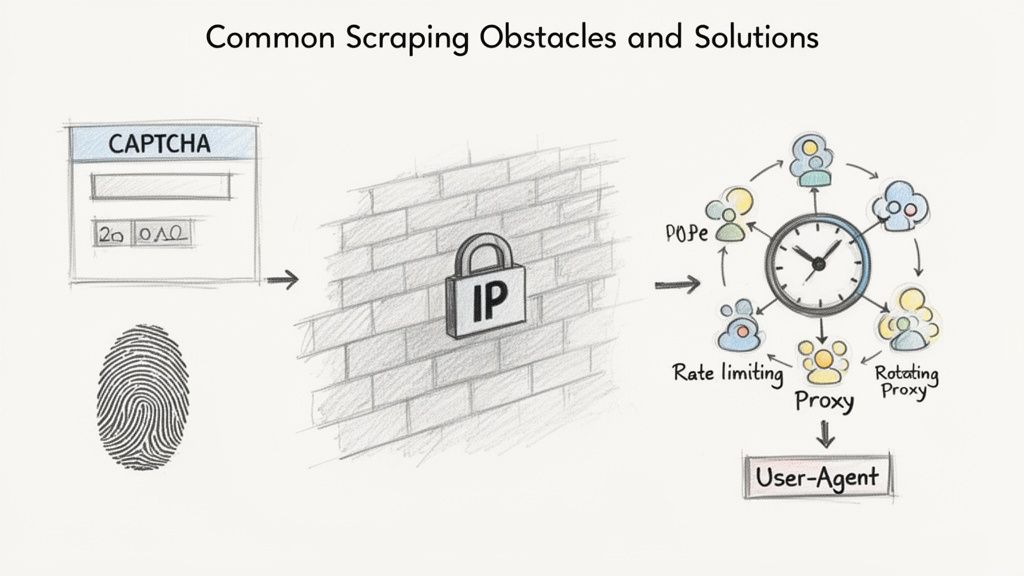 Diagram illustrating web scraping obstacles (CAPTCHA, IP blocking, fingerprinting) and solutions (rotating proxies, rate limiting, user agents).