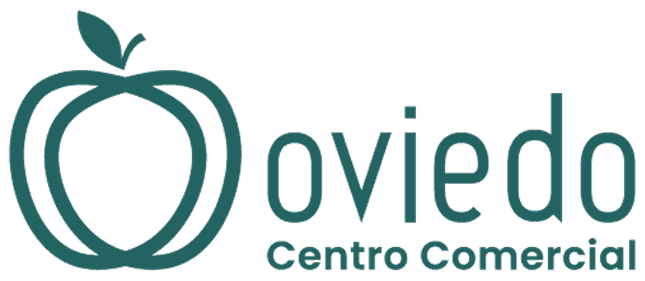 Logo Oviedo Centro Comercial con simbolo de manzana abstracta verde