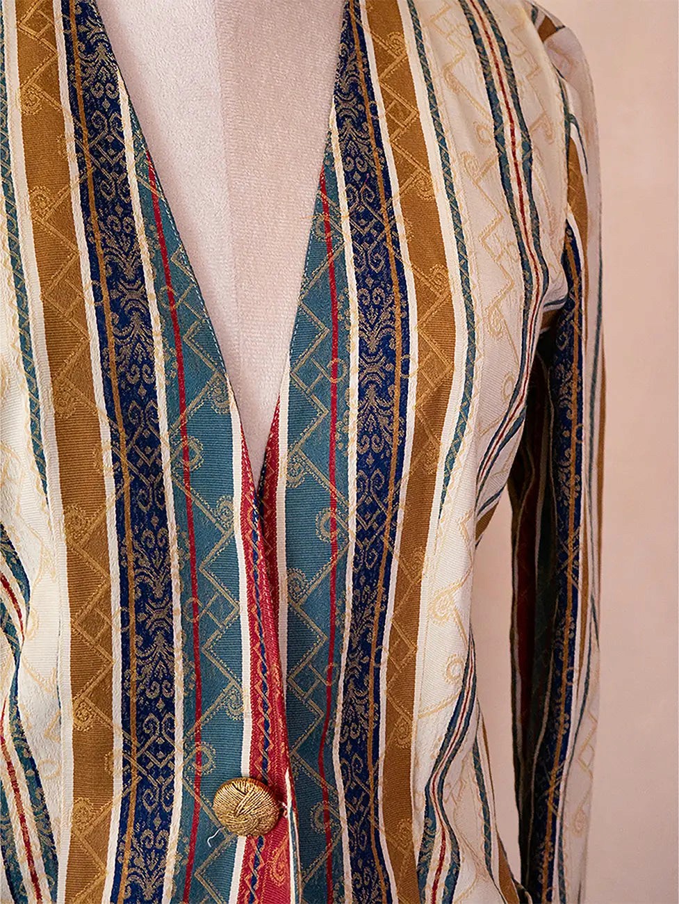 Vintage printed pinstripe long blazer featuring a tailored silhouette and structured fit, thrifted from global vintage collections.