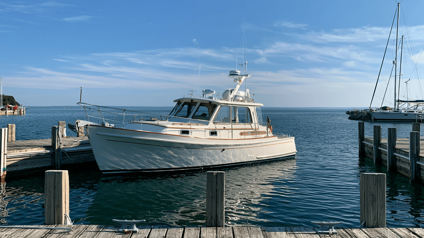 Cruiser docked between wooden pilings with only inches of clearance on each side, showing how beam and draft limit a bigger boat in a Great Lakes slip