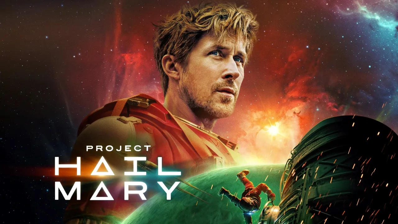 A rugged astronaut wearing a red space suit gazes thoughtfully into the distance against a vivid cosmic backdrop, featuring colourful nebulas and a shining planet, with bold text reading "Project Hail Mary" in the foreground.