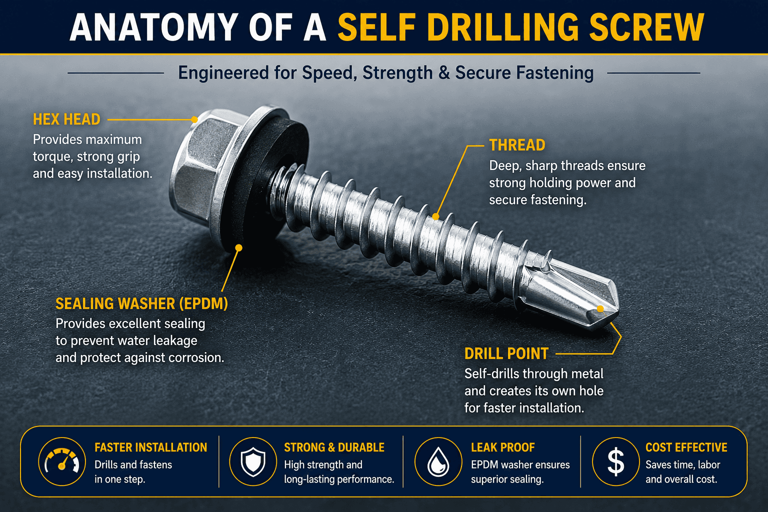 Self drilling screw anatomy showing hex head, EPDM sealing washer, thread and drill point