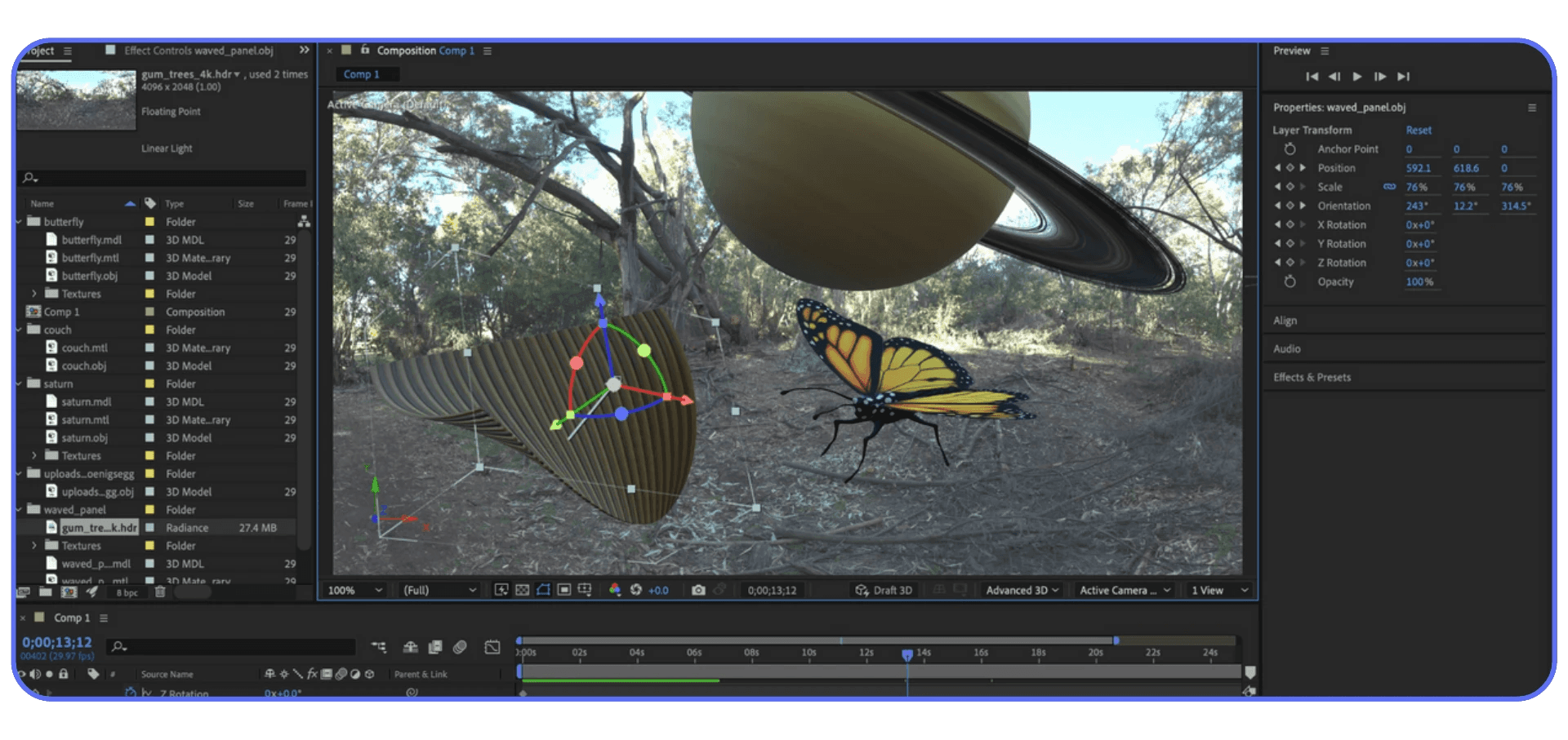Adobe After Effects interface showing 3D layers and compositing elements inside a motion graphics project