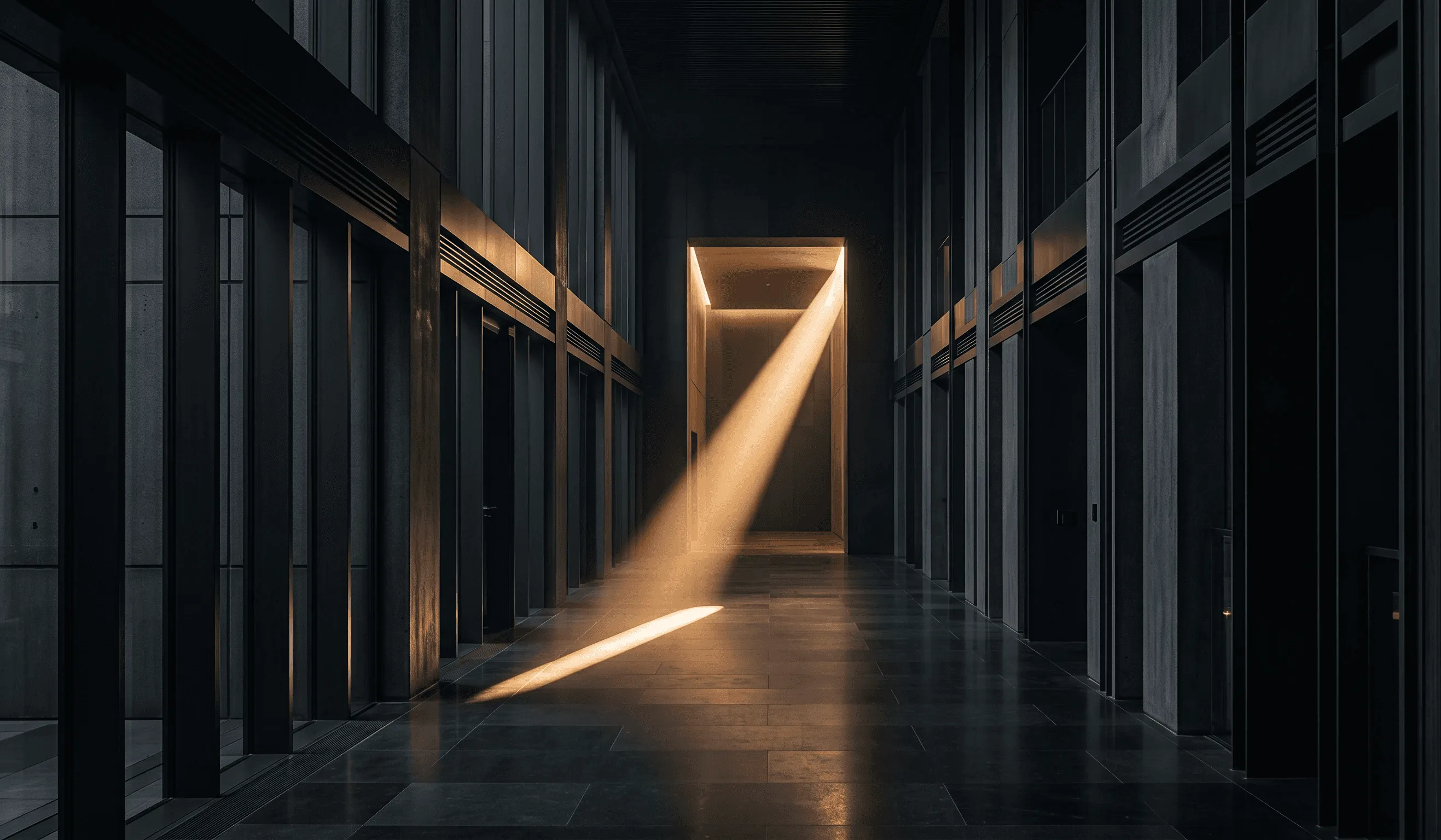 a single beam of warm light cutting through a dark structured corridor