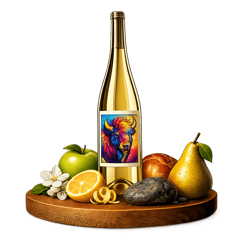 Artistic label and flavor profile for Polish Sparkling on a rustic wooden table.