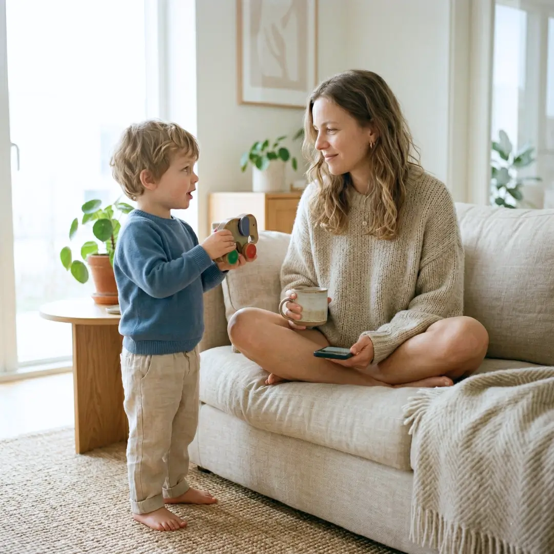 A woman sits on a sofa with her child and smartphone, highlighting an app feature where users can save gift ideas to a wishlist to avoid unnecessary price alerts when someone else might be making the purchase.