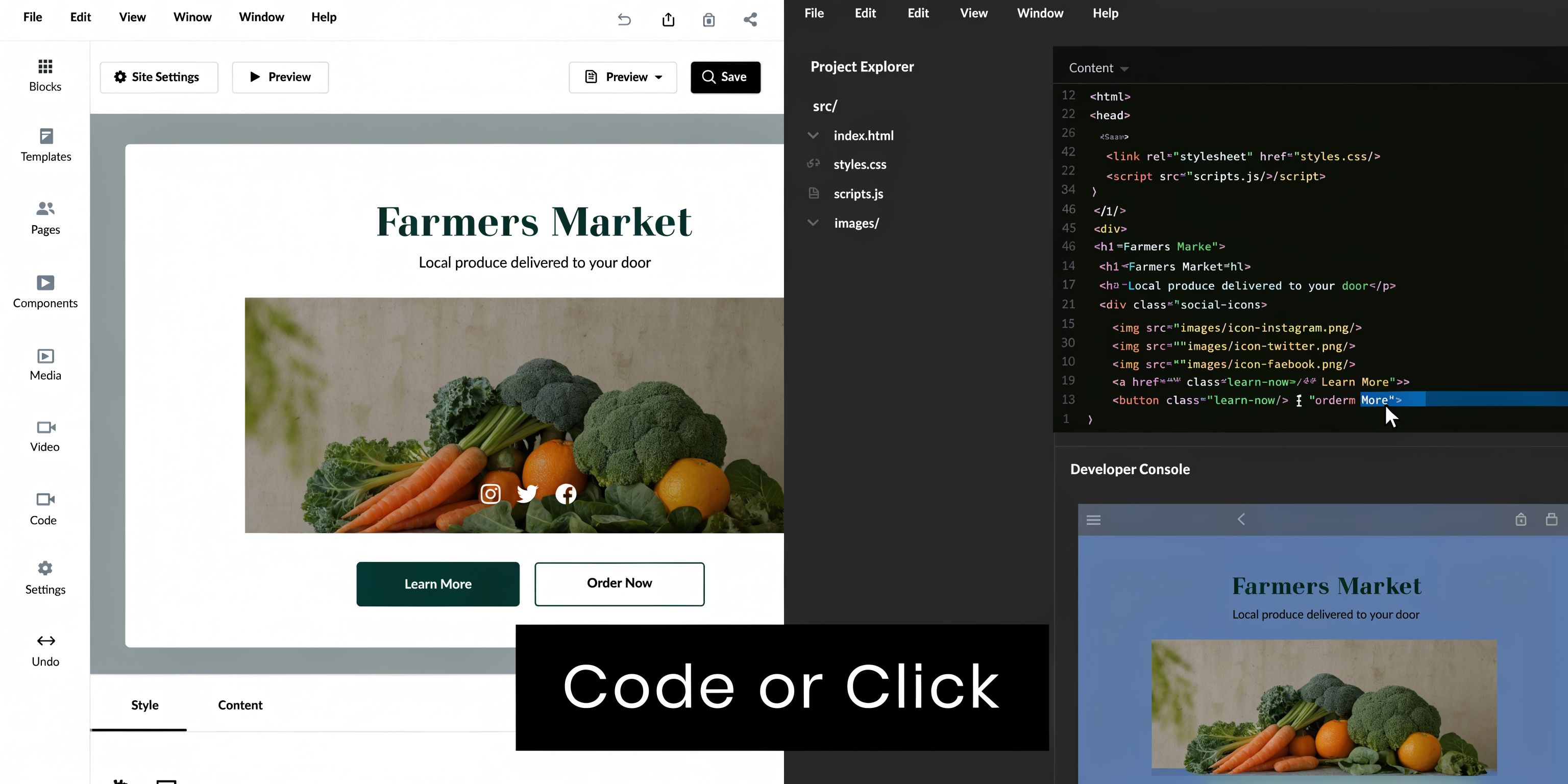 A web development editor showing code for a Farmers Market website with a live preview interface.