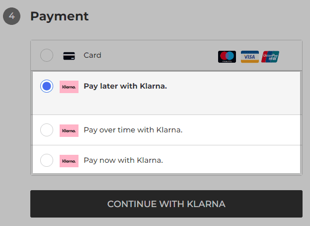 Zahlungsauswahl mit „Karte“ oder „Klarna“ und den Optionen Später bezahlen, In Raten bezahlen, Jetzt bezahlen. Button: „Weiter mit Klarna“.